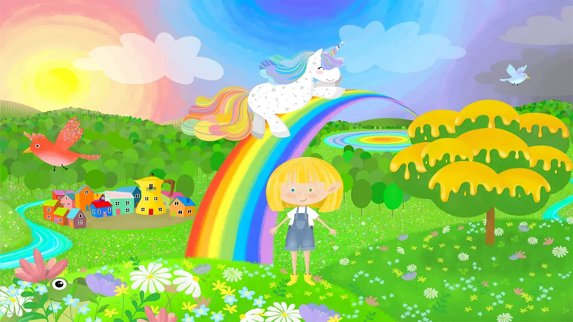 Fiaba personalizzata bimba sul prato e arcobaleno